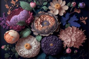 hand Painted flowers as a lush pattern oil painted Photo. photo