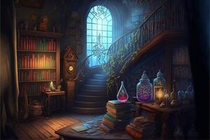 magos colegio habitación mágico libros flotante. generativo ai foto