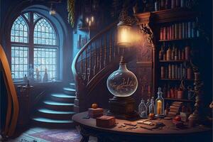 wizards school room magical books floating. photo