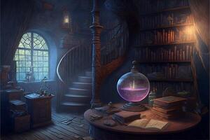 wizards school room magical books floating. photo