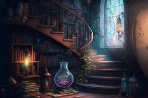 wizards school room magical books floating. photo