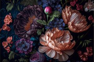 hand Painted flowers as a lush pattern oil painted Photo. photo