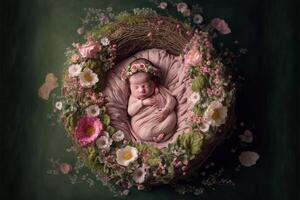 digital fondo recién nacido niña rosado floral cesta foto. generativo ai foto