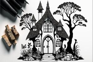 fairy house silhouette svg fine lines on a white background. photo