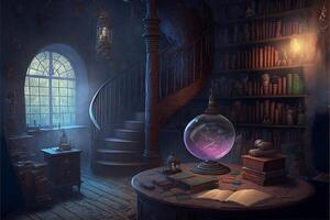 wizards school room magical books floating. photo