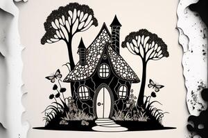 fairy house silhouette svg fine lines on a white background. photo