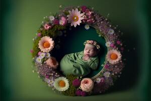 infant digital background green background with flowers. photo