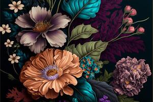 hand Painted flowers as a lush pattern oil painted Photo. photo