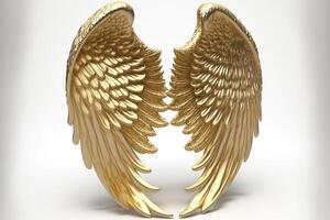 dorado ángel alas en un blanco antecedentes oro plumas. generativo ai foto