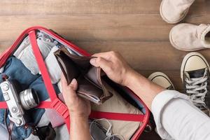 Empty wallet in the hand man on Travel accessories  background photo