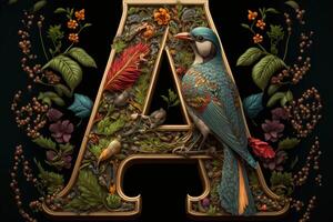 The letter A as an illuminated letter using various bird. photo