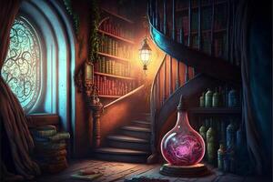 wizards school room magical books floating. photo