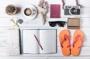 Overhead view of Traveler's accessories and items, Travel concept photo