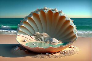 large open clam shell in middle with ocean background. photo