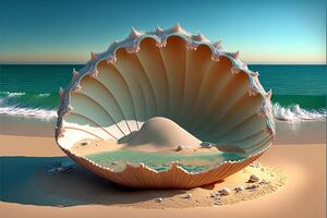 large open clam shell in middle with ocean background. photo