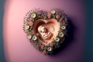 digital background with flowers in a heart shape around. photo