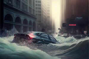 car driving through a flooded city at night. . photo