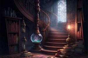 wizards school room magical books floating. photo