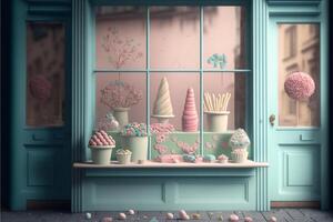 sweet shop store digital background with flowers. photo