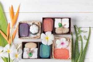 soap spa gift box on white wood background. photo