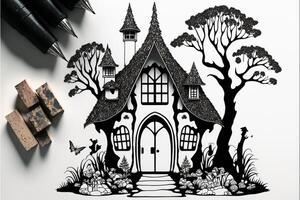 fairy house silhouette svg fine lines on a white background. photo