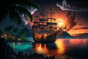 pirate ship sailing in the ocean at night. . photo