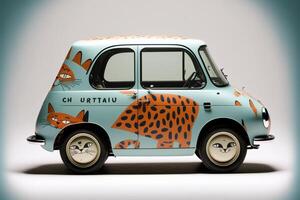small car with cats painted on the side of it. . photo