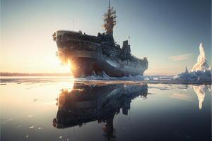 large boat in the middle of a large body of water. . photo