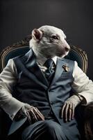 rat in a suit sitting in a chair. . photo