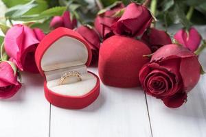 Diamond wedding ring in box gift on wood photo