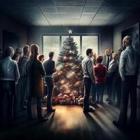 group of people standing around a christmas tree. . photo