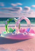 couple of rings sitting on top of a sandy beach. . photo