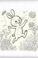 drawing of a bunny running through a field of flowers. . photo