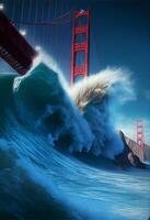 big wave in front of a golden gate bridge. . photo