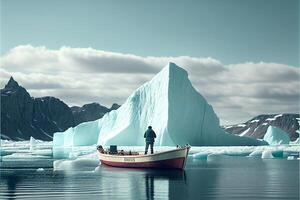 man standing on top of a boat in a body of water. . photo