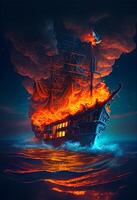 ship on fire in the middle of the ocean. . photo