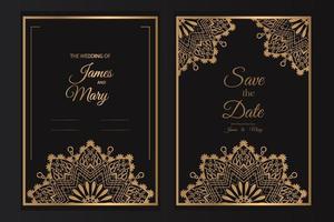 Boda invitación tarjeta diseño con dorado mandala y resumen patrón, invitación tarjeta con lujo dorado modelo diseño en un negro antecedentes vector