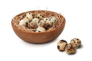 close up quail eggs in wooden bowl and straw nest isolated on white background with clipping path photo