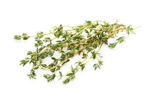 thyme leaves isolated on white background. heap of green thyme leaves isolated on white background. fresh thyme leaves isolated on white background photo