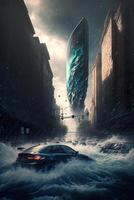 car driving through a flooded city at night. . photo