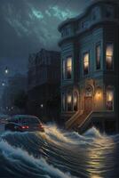 car driving through a flooded city at night. . photo