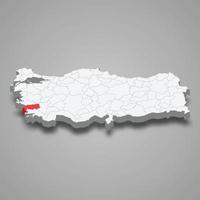 Aydin region location within Turkey 3d map vector