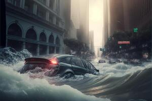 coche conducción mediante un inundado calle en frente de un casa. generativo ai. foto