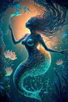 painting of a mermaid holding a fish. . photo