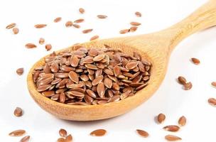 Flax seeds in wooden spoon isolated on white background. photo