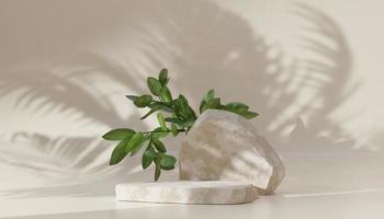 3D white stone podium or rock dais stage and nature green leaves. elegant podium mock-up stand product scene beige background. 3d podium stage illustration render. photo