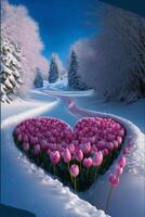 heart shaped arrangement of pink and yellow roses in the snow. . photo