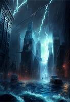 city at night with lightning in the sky. . photo