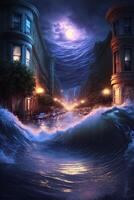large wave in the middle of a city at night. . photo
