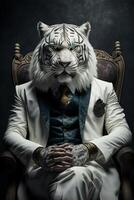 man wearing a rabbit mask sitting in a chair. . photo